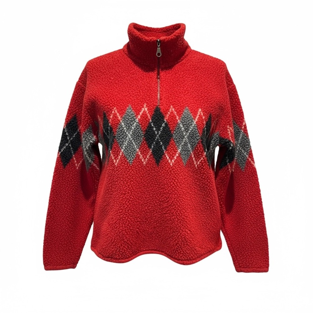 Vintage Rafaella USA Red Argyle Fleece 1/4 Zip Sweater‎ M Preppy Ski Lodge Y2K